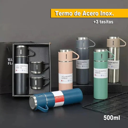 Termo de Acero Inoxidable 500ml + 3 Tazas